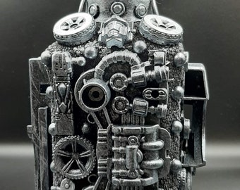 Glass bottle 0.5 liter decorated with robot-like ornament, container, fantastic, sci-fi, decor, composition, handmade, steampunk charm