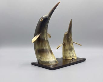 Soviet Era Penguin Figurines, Vintage Hand Carved Arctic Folk Art, Unique Pair of Sculptures on Pedestal, Minimalist Abstract Decor