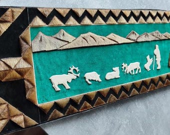 Large Yakut Wall Panel "On the North", Traditional Chukchi Folk Scene, Ethno Inuit Art, Rare Fur Mosaic Decor