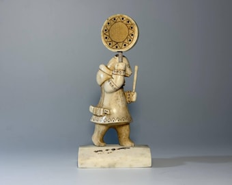 Polar Bear Shaman Statue, Hand Carved Arctic Ritual Figurine, Dancing Spirit Bear with Drum, Northern Indigenous Folk Art, Inuit Style Art