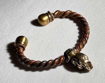 Rustic Copper and Brass Bracelet with Carved Skull – Gothic Jewelry for him