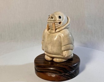 Inuit Greenland Style Handcarved Good Luck Doll Tupilak Figurine, Collectible Arctic Folk Art Sculpture on Wooden Base