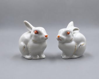 Vintage Porcelain Rabbit Figurines, Polonne Ukraine 1970s, White Bunny Statues