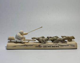 Vintage Inuit handcrafted composition, Chukchi Art, Bering Strait - Dog Sled in Race