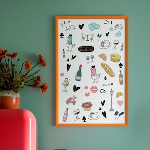 Retro Dinner Table Print, plakat z ilustracjami jedzenia i napojów, maksymalistyczna galeria sztuki kuchennej, wystrój apartamentu, wydruk artystyczny wózka barowego
