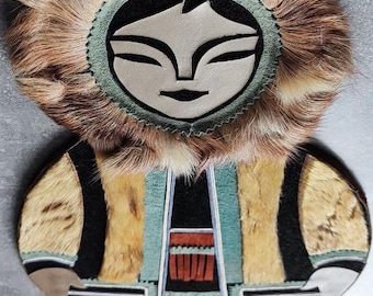 Vintage Arctic Fur Wall Panel, Handcrafted Chukchi Girl Mosaic, Ethno Inuit Art, Rare Folk Decor 1981