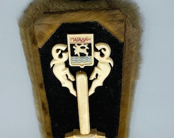 Vintage Coat-of-Arms of Far North City, Chukchi Wall Panel, Handcrafted Plaque, 1980s Arctic Folk Art