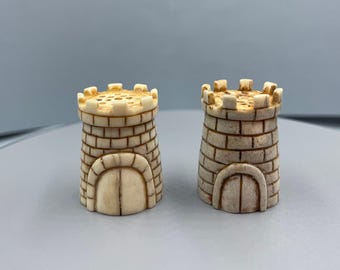 Set of 2 Handcarved Tower Thimbles, Artisan Medieval Castle Miniature, Collectible Brick Tower Figurines, Fantasy Architecture Gift