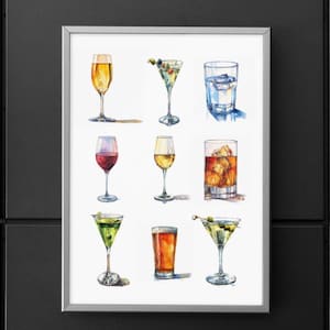 Plakat Martini, Plakat ścienny Martini, Wydruk Martini, Wózek barowy, Szklanki do Martini, Plakat koktajlowy, Bar, Do druku, Dekoracja artystyczna dopaminy