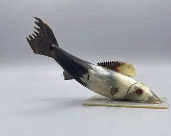 Soviet Era Fish Figurine, Vintage Hand Carved Minimalist Folk Art, Unique Rustic Miniature Sculpture on Pedestal