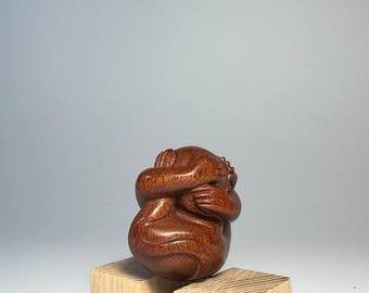 Japanese Style Netsuke 3 Wise Monkeys Figurine, Carved Ironwood Statue