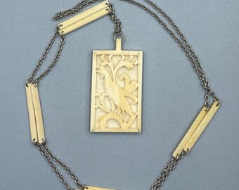 Vintage Soviet Long Carved Necklace, Ornate Bird & Floral Design Pendant, White Bar and Chain Folk Art Jewelry