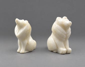 Vintage White Stone Chukchi Dog Sculptures, Hand Carved Inuit Folk Art Figurines
