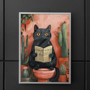 トイレの黒猫 - 面白い猫の絵、バスルームの壁アート、壁のポスター、壁の装飾、猫好きへのギフト、ポスター、面白いバスルームのプリント、サイン