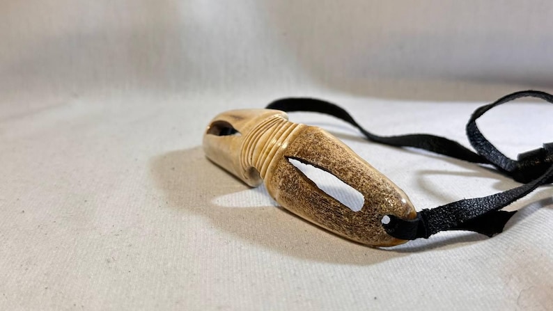 May include: A carved wooden pendant with a black cord. The pendant is light brown with a darker brown section and a white painted accent. The pendant has a hole carved through it.