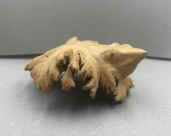 Vintage Wood Frog Sculpture, Hand Carved Toad on Tree Root, Rustic Wooden Amphibian Figurine Decor