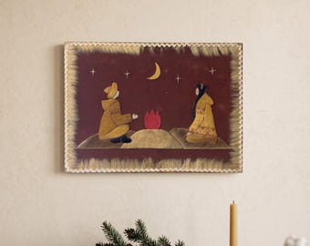 Vintage Inuit Chukchi Wall Hanging Panel, Arctic Folk Art Picture, Native Couple by Campfire Under Moon, Christmas Wall Decor