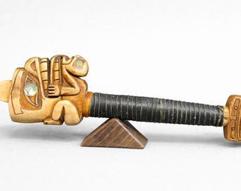 Inuit Shaman Letter Opener – Wolf & Frog Totem Art with Shell inlay – Native Americans Style Desk Accessory with Bolster, Reproduction