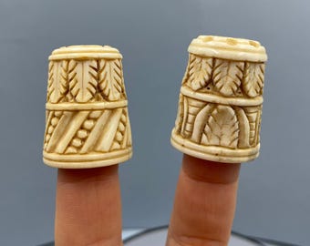 Set of 2 Handcarved Thimbles, Artisan Floral & Leaf Miniature, Artist Collectible Thimbles, Unique Folk Art Sewing Gift