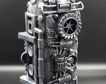 Glass beautiful bottle 0.5 liter decorated with robot-like ornament, container, fantastic, sci-fi, decor, handmade, steampunk charm