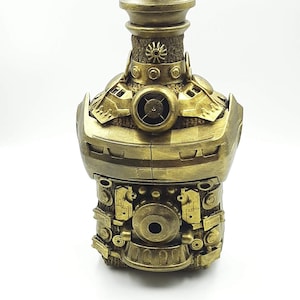 Glass golden big bottle 0.5 liter, box, decorated with robot-like ornament , container, fantastic, sci-fi, handmade, steampunk charm