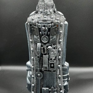 Glass big bottle 1 liter decorated with robot-like ornament, container, fantastic, sci-fi, decor, composition, handmade, steampunk charm