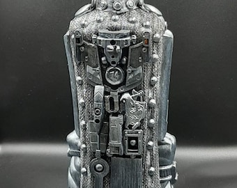 Glass big bottle 1 liter decorated with robot-like ornament, container, fantastic, sci-fi, decor, composition, handmade, steampunk charm