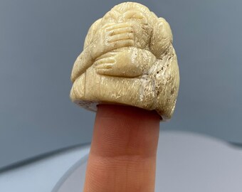 Hand-Carved Three Wise Monkeys Thimble, Collectible Signed Artisan Figurine, Nice Gift Idea for Her