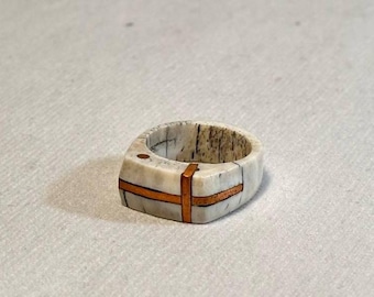 Handcrafted Carved Ring with Copper Cross Inlay, Elegant Christian Geometric Band, Unique Artisan Jewelry Piece