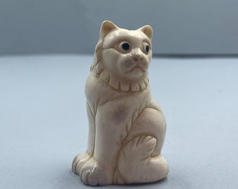 White Cat Figurine, Miniature Sitting Cat Sculpture, Artisan Handcarved Cat Collectible, Lucky Cat Gift, Signed by Artist