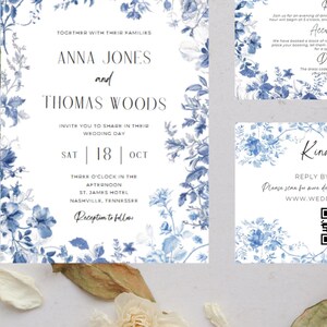 Elegant Blue Floral Wedding Invitation Essentials Pack INSTANT DOWNLOAD DIY Wedding Templates Customizable Wedding Invite Canva Simple HB006