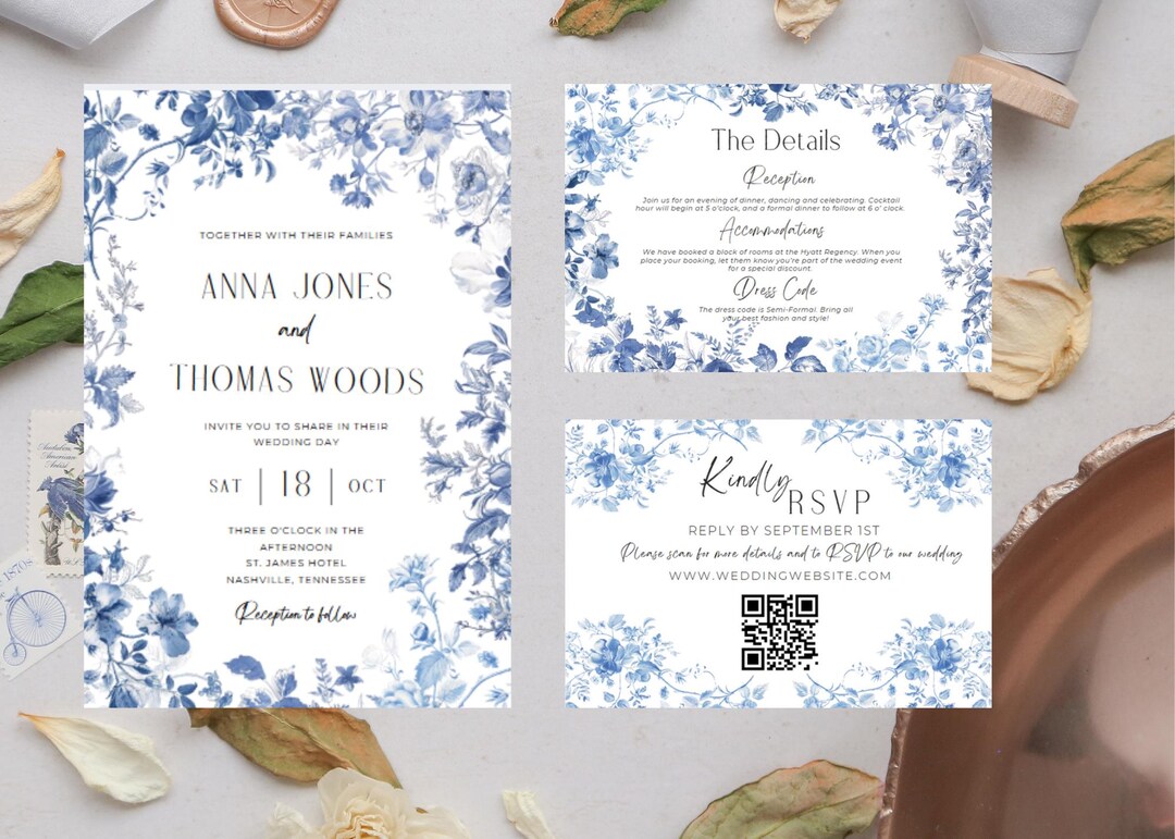 Invitation Essentials Elegant Blue Floral Wedding Invitation Essentials Pack INSTANT DOWNLOAD ...