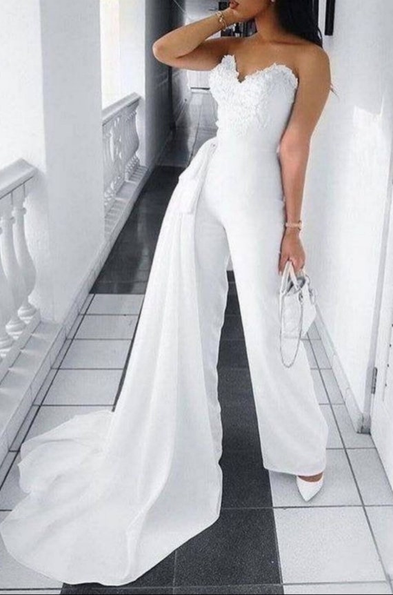White Bridal Jumpsuit With Side Capewhite Prom Etsy