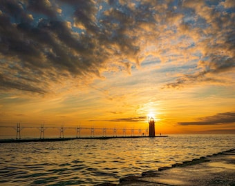 South Haven lighthouse at sunset: Color photograph, sunset lighthouse, pure michigan, lake michigan, home decor, wall art