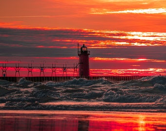 Lake Michigan Lighthouse Sunset Photography, Canvas or Metal Art