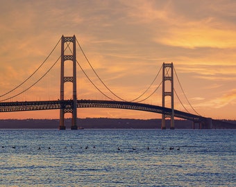 Mackinac Bridge with orange sunset