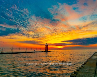 Red Lighthouse at dusk, Color photograph, water, lighthouse, sky, nautical, sun, pure michigan, lake michigan, decor, South Haven art