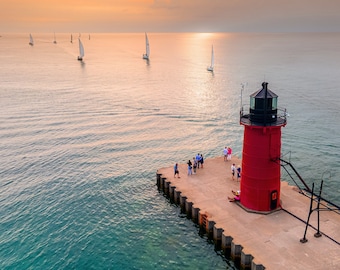 Quiet solitude: Red lighthouse photo, South Haven lighthouse, coastal living home decor, pure michigan photography