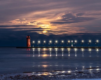 Moonlight Red Lighthouse - South Haven, Michigan Photography