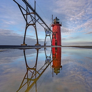 Blue reflections, big red lighthouse, Color photograph, water, lighthouse, sky, sun, lake Michigan, South haven