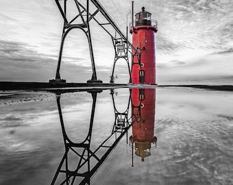 lighthouse water Color photograph lake michigan South haven Fire in the sky big red lighthouse sun sky water and sunset