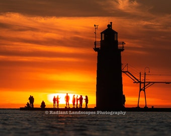 Michigan Lighthouse at Sunset, color photography, beach photo, water photography, canvas art, metal art, wall decor, home decor