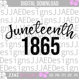 May include: Black and white graphic design featuring the text "Juneteenth 1865" in a bold, cursive font. The text is set against a white background.