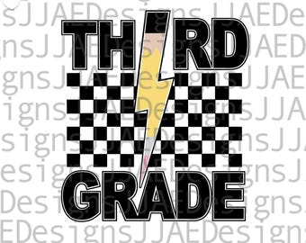 May include: Black and white checkered background with a yellow lightning bolt and a pencil. The text "THIRD GRADE" is in black letters.