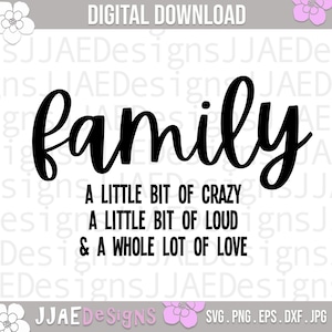 Familie svg, Familie ein bisschen verrückt, ein bisschen laut, viel Liebe svg, Zuhause svg, Wohndekor svg, Wohndekor Zeichen svg, png eps, jpg, dxf