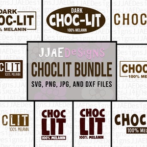 May include: A digital design bundle featuring various graphic designs of the phrase "Choclit" in different styles. The designs are in brown and red colors and include the text "100% Melanin". The bundle includes SVG, PNG, JPG, and DXF files.