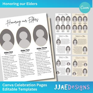Op de afbeelding: Een printbare sjabloon voor het eren van ouderen. De sjabloon bevat drie cirkels voor foto's en tekstvakken voor namen, geboortedata en eerbetoon. De tekst bevat de zin "Honoring our Elders" en een beschrijving van een paragraaf volgens Wikipedia.