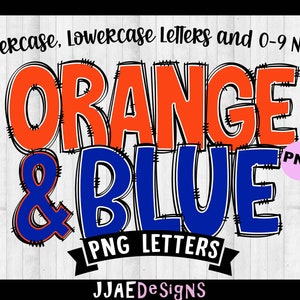 Orange & Blau Alphabet PNG Buchstaben, Doodle Letters PNG Buchstaben, Orange Blau Alphabet Bundle, Orange Sublimation Alphabet Doodle Set PNG