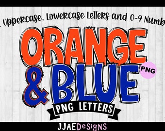 Op de afbeelding: Oranje en blauwe grafische tekst met een zwarte banner waarop "PNG LETTERS" staat en de tekst "JJAEDESIGNS" eronder. De tekst luidt "ORANGE & BLUE", waarbij het woord "ORANGE" oranje is en het woord "BLUE" blauw. De tekst is zwart omrand en heeft een gestikt effect.