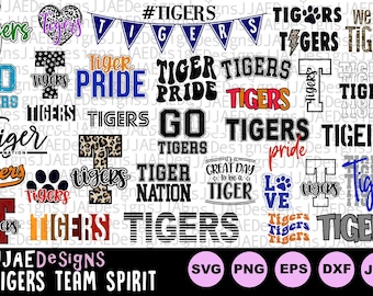 May include: A collection of 20 different designs featuring the word "Tigers" in various fonts, colors, and styles. The designs include phrases like "Go Tigers", "Tiger Pride", and "Tiger Nation".